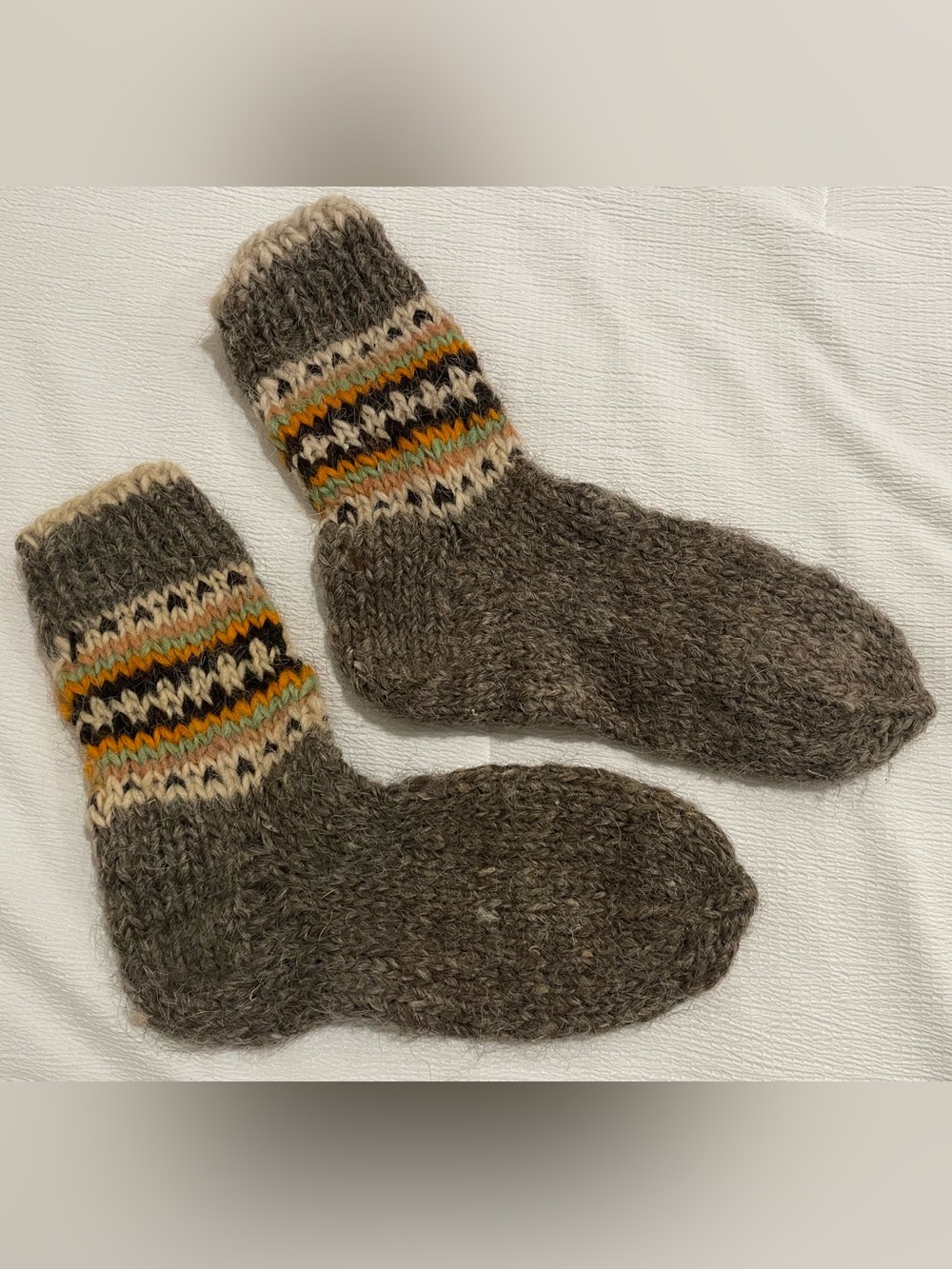 Men's Brown Wool Knit Casual Crew Socks with Multicolor Stripe